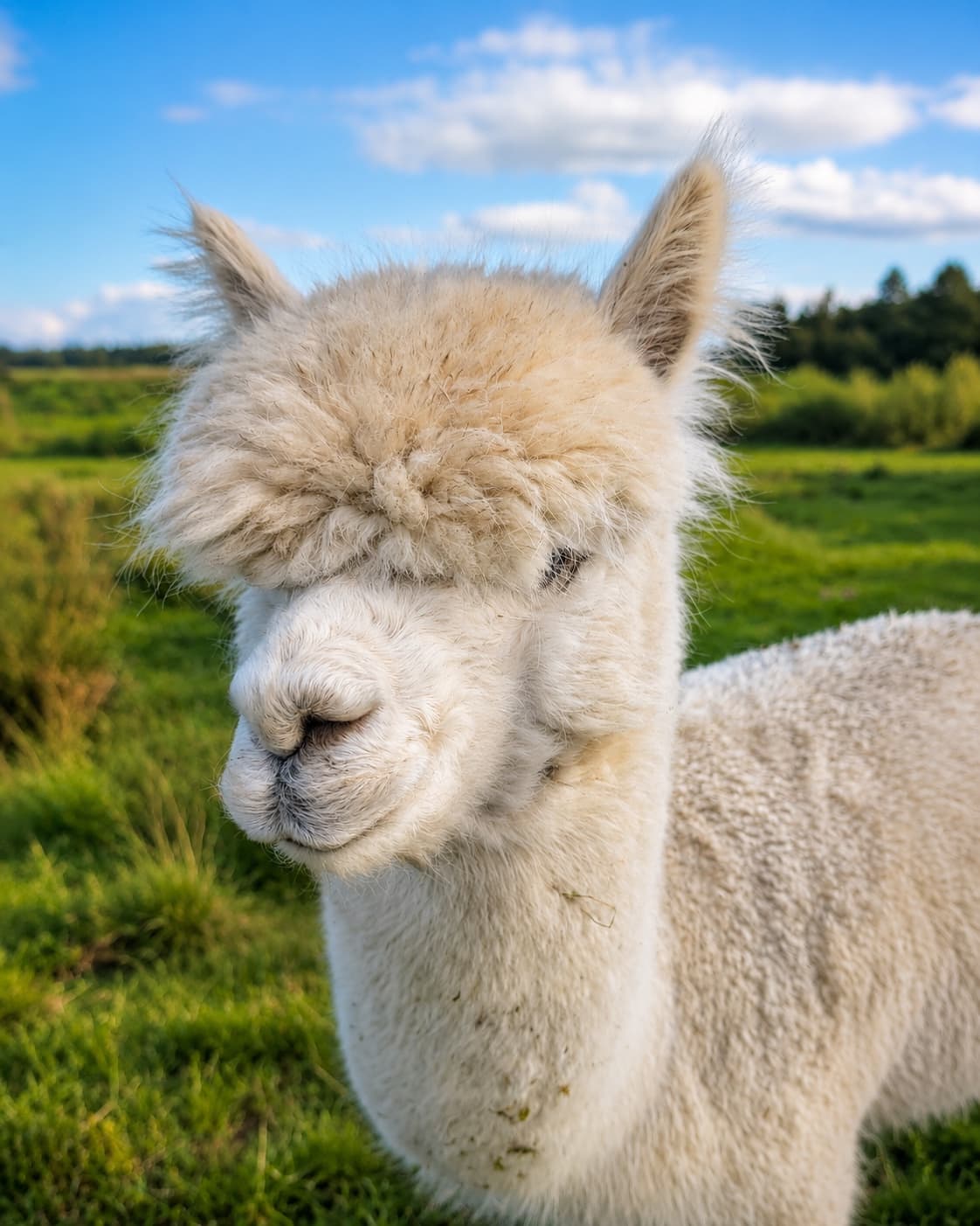 Bert, a white alpaca with a soft cream coat, standing in a sunlit Irish field.