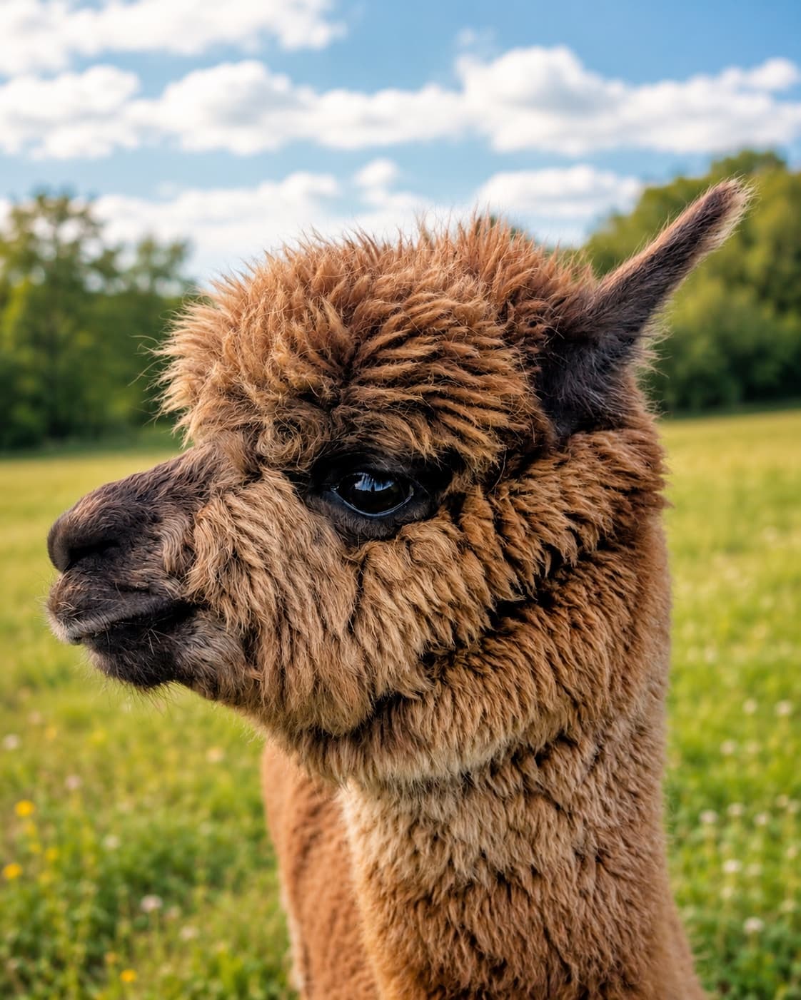 Ernie, a chocolate-brown alpaca seen in profile against a meadow and blue sky.