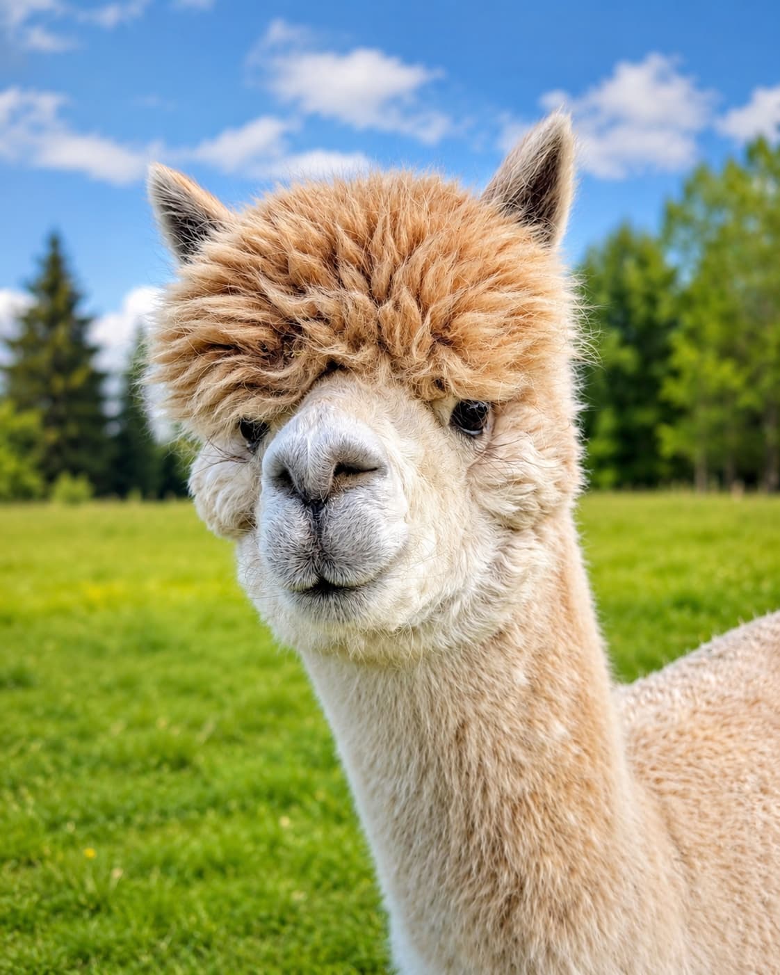 Oscar, a friendly cream-coloured alpaca with a fluffy top, on a sunny day in Loughglynn.
