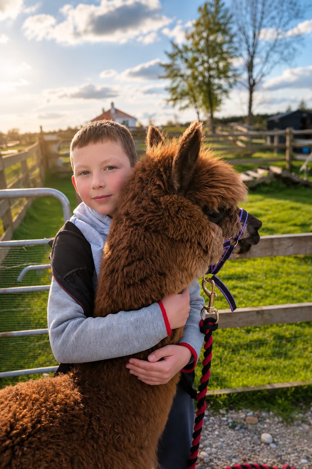A young boy hugging a brown alpaca in golden evening light, the farm visible in the background.