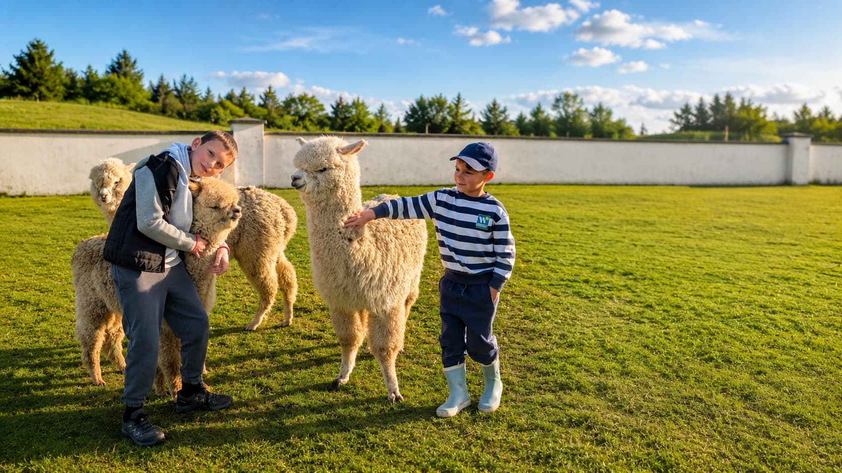 A guide and a young child meeting three alpacas on an open green field in Co. Roscommon.